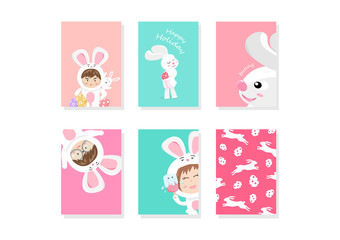 Bunny, rabbit cartoon, greeting, cover, template, card, cute celebration Easter holiday, background A4 layout flat design vector illustration