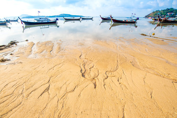 Landscape view Long tail boat in rawai beach phuket thailand for tourism,Tropical sea beach with sea scape on thailand