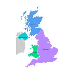 Colorful vector isolated simplified map. Grey silhouette of the UK provinces. Border of administrative division - Scotland, Wales, England, Northern Ireland.