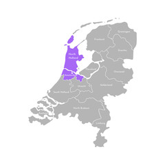 Vector isolated simplified illustration icon with grey silhouette of Netherlands' (Holland) provinces. Selected administrative division - North Holland