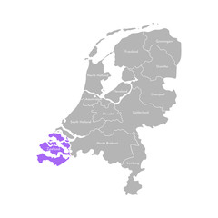 Vector isolated simplified illustration icon with grey silhouette of Netherlands' (Holland) provinces. Selected administrative division - Zeeland