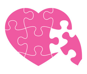 Vector pink heart logo made of puzzle pieces. Isolated on white background.