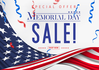 Banner for Memorial day sale design. Memorial day sign on a dark blue background with 3d percent symbol. Vector illustration for business promotion.