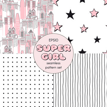 Pink Supergirl themed seamless vector pattern set. Pop art comic cityscape background. Abstract dotty and starry geometric backdrop. Vertical stripes print. Perfect for girlish fabric textile fashion