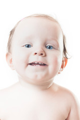 Adorable blue-eyed baby girl on a white background