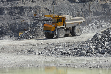 Large multi-toned mining truck in a limestone quarry. Quarry equipment. Mining industry.