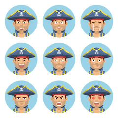 Set of pirate captain emoticons. Pirate avatars showing different emotions. Happy, smile, sad, cry, angry, love, surprised, upset, laugh and other facial expressions. Flat style vector illustration