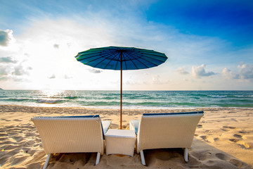 Beach beds and umbrella in Koh-Samui Thailand,nice tropical beach thailand with sunset view,Tropical sea and blue sky