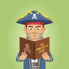 Illustration of a pirate captain reading the Pirate's Code. Confident pirate reading a book. Flat style vector illustration