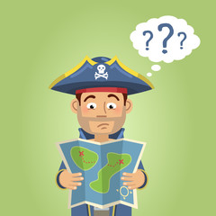 Illustration of a pirate captain reading a treasure map. Confused pirate holding a map and thinking. Flat style vector illustration