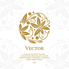 Gold flower logo. Elegant, classic elements. Can be used for jewelry, beauty and fashion industry. Great for emblem, monogram, invitation, flyer, menu, brochure, background, or any desired idea.