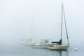 boats at anchor in fog