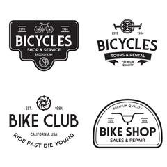 Obraz premium Set of vintage and modern bike shop logo badges and labels. Cycle wheel isolated vector. Old style bicycle shop and repair logotypes.