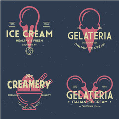 Set of vintage ice cream shop logo badges and labels, gelateria signs. Retro logotypes for cafeteria or bar.