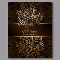 Exquisite chocolate royal luxury wedding invitation, gold floral background with frame and place for text, lacy foliage made of roses or peonies with golden shiny gradient.