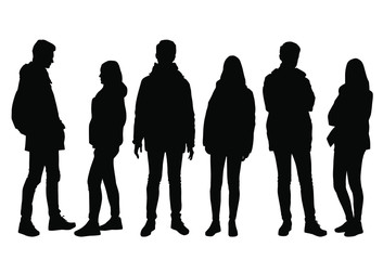 Vector silhouettes man and woman, outerwear, different poses, profile,  business people, group , standing,  black color, isolated on white background