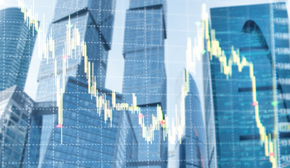 Abstract blurred double exposure of stock graph. Scalper trader trades graphics.