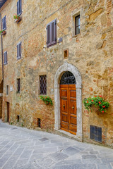 Pienza narrow streets and arquitecture details. Tuscany, Italy