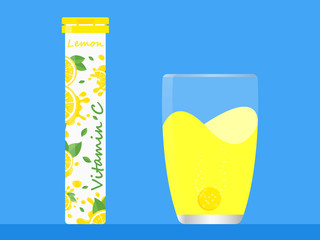 Supplement with rich vitamin C and bubbles in glass Vector