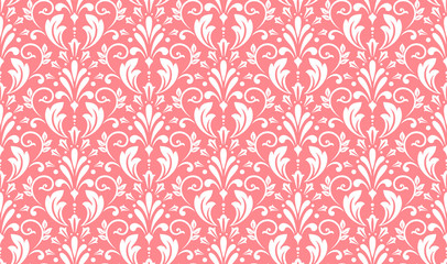 Wallpaper in the style of Baroque. Seamless vector background. White and pink floral ornament. Graphic pattern for fabric, wallpaper, packaging. Ornate Damask flower ornament