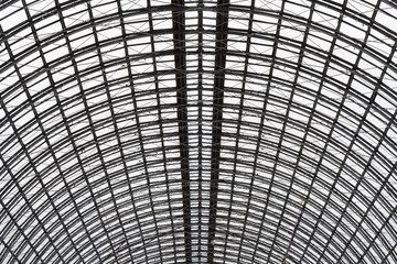 Wide angled view to hemispherical ceiling of glass and metal in modern building as background, texture (abstract)