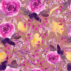 Watercolor seamless pattern with a branch of a lemons and roses. Hand drawn illustration can be used for web page backgrounds, Wallpapers, wrapping paper, greetings, invitations and other designs.