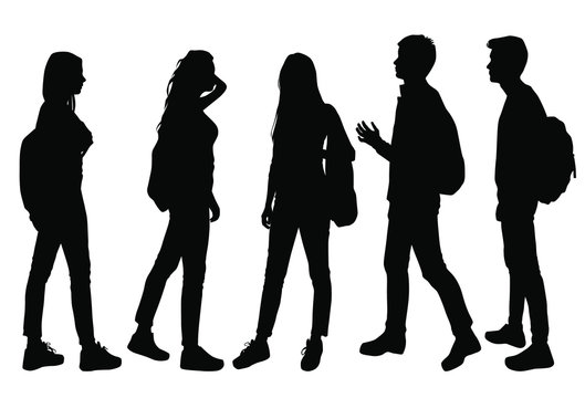 Vector silhouettes of men and women with backpack, standing, various poses, business, people, band, black color, isolated on white background