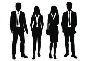 Vector silhouettes men and women standing, different poses,  business,  people, group,  black color, isolated on white background
