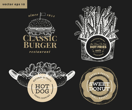 Set of four street food logo templates. Hand drawn vector fast food illustrations on chalk board. Hot dog, burger, french fries, donut vintage labels