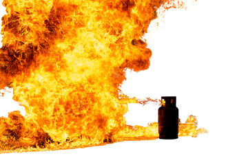 The explosion of household gas cylinders isolated on white background.