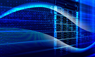 Binary code data flow inside server 3D rendering