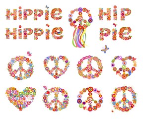 Colorful hippie flowers lettering and hippie peace symbols collection with flower power for t shirt print, party poster and other design on white background