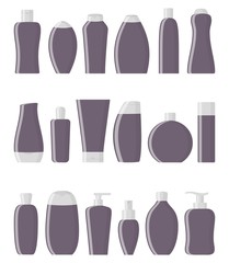 Set of dark purple flat cosmetic bottles. Cream, shampoo, gel, spray, tube and soap. Skin and body care, toiletres. Products for beauty and cleanser. Vector illustration in flat style