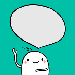 Cute monster with speech bubble on turquoise font hand drawn illustration in cartoon style