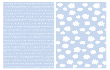 Set of 2 Seamless Pattern with White Abstract Fluffy Clouds and Lines with Loops Isolated on a Blue Background. Lovely Hand Drawn Cloudy Sky Design. Infantile Style Irregular White Lines on a Blue.