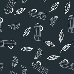 Hand Drawn Seamless Pattern with lemon slices, leaves and coffee makers. - 263455981