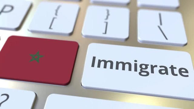 IMMIGRATE text and flag of Morocco on the buttons on the computer keyboard. Conceptual 3D animation