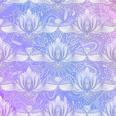 Art seamless pattern lotus flower mandala. Ethnic abstract print. Colorful repeating background texture. Culture bohemian ornament.