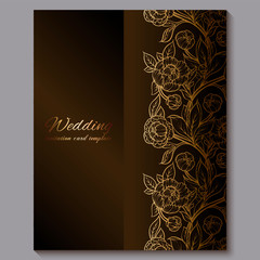 Exquisite chocolate royal luxury wedding invitation, gold floral background with frame and place for text, lacy foliage made of roses or peonies with golden shiny gradient.