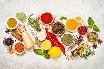 Poster Set of various spices and herbs top view. © nadianb