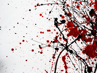 Dripping black and red line paint isolated on white background. Flowing fuel oil splashes, drops...