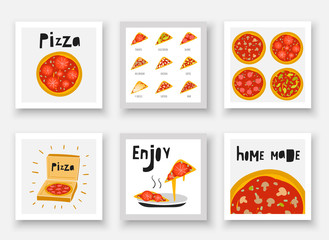 Cute hand drawn doodle pizza set including pizza with cheese, seafood, chicken