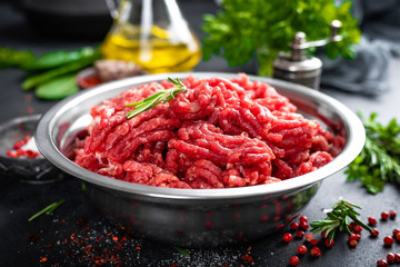 Mince. Ground meat with ingredients for cooking