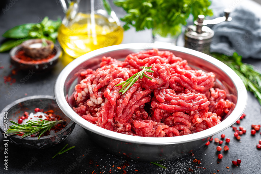 Canvas Prints Mince. Ground meat with ingredients for cooking