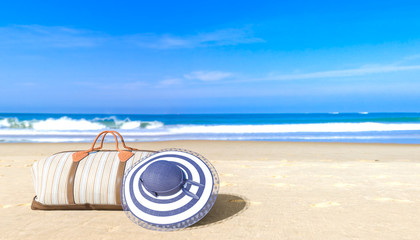 Suitcase with woman sun hat on sea beach. Travel baggage concept. Copy space. Holiday, rest, recreation, relaxation. 3D rendering illustration