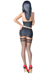 Long-haired sexy brunette secretary uniform black stocking.Short mini skirt striped jacket.Beautiful girl glasses sexually explicit pose.3D rendering isolate illustration.