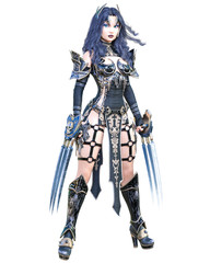 Warrior amazon woman sword and metal blade.Long dark hair.Elven warrior.Comic hero.Muscular athletic body.Girl standing aggressive pose.Conceptual fashion art.3D rendering isolate illustration