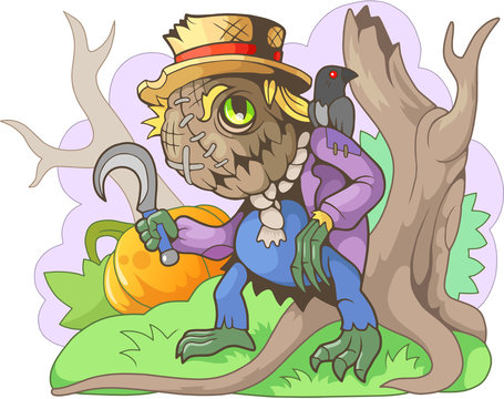 cartoon cute monster scarecrow halloween design funny illustration