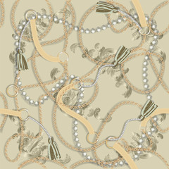 Seamless Baroque print with golden chains, braid, pearls, belts, tassel, baroque elments for fabric design. Vector patch for print, fabric, scarf design