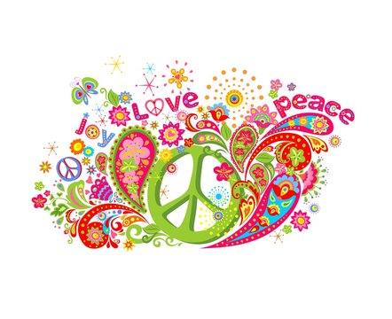 Psychedelic colorful print with hippie peace symbol, flower-power, love, peace and joy word, butterfly and paisley